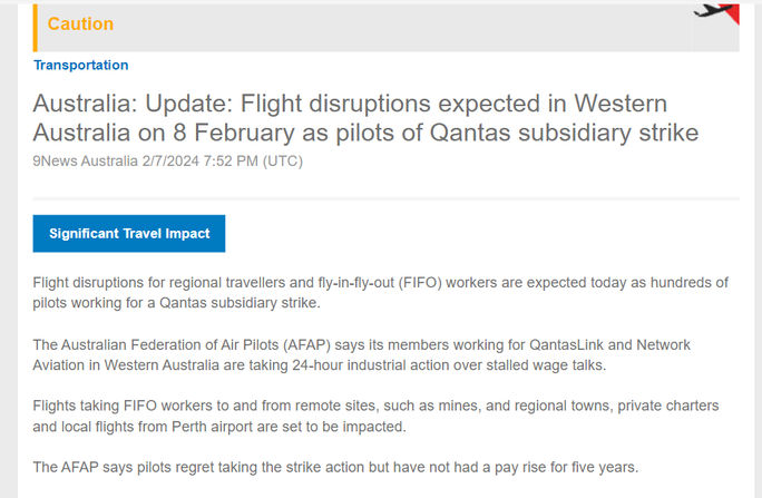 An Intelliguide email update on flight disruptions expected in Western Australia due to strikes. Northstar Media, Intelliguide