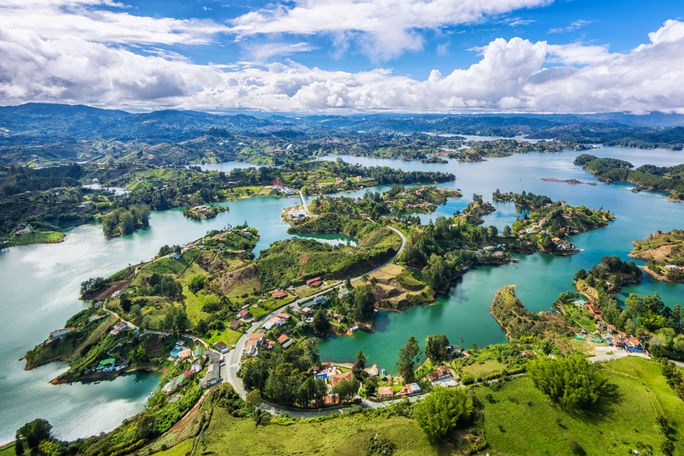 Panoramic view of Guatape, a town near Medellin, Colombia. Panoramic view of Guatape, a town near Medellin, Colombia.
