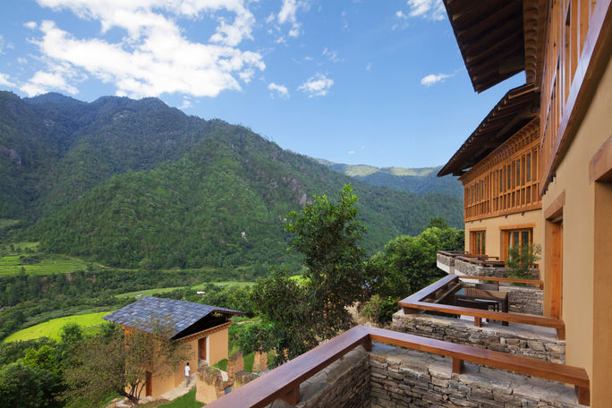 View from a Valley View Room's terrace at COMO Uma Punakha in Bhutan. COMO Bhutan, bhutan hotels, como uma punakha
