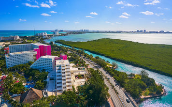 An aerial view of Cancun's Hotel Zone at Playa Linda.
